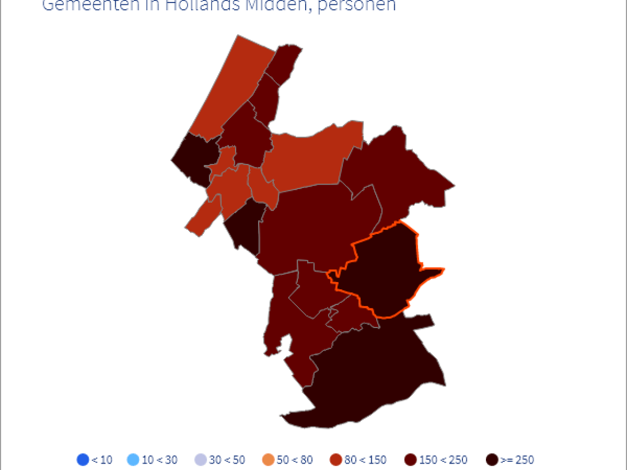 Schematische weergave van de hoeveelheid besmettingen in de gemeenten van Hollands Midden