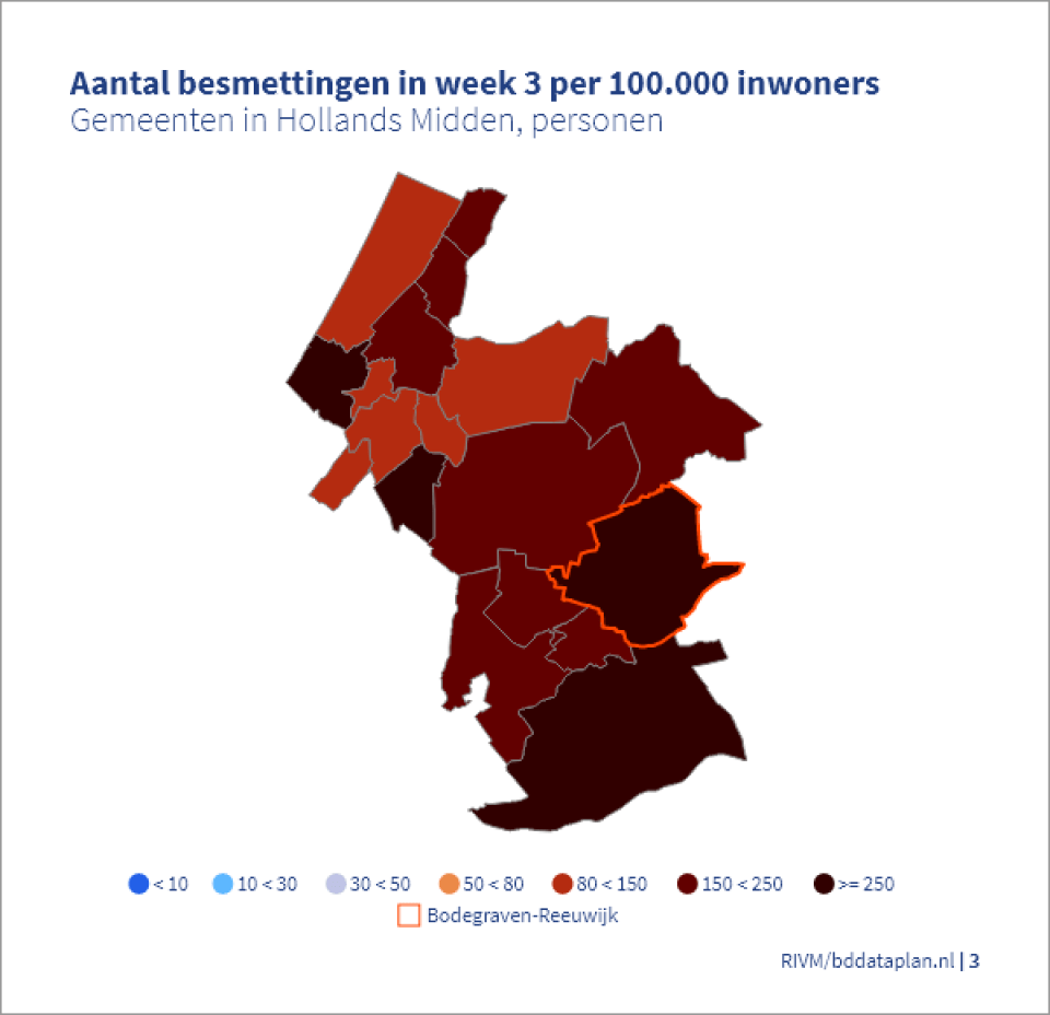 Schematische weergave van de hoeveelheid besmettingen in de gemeenten van Hollands Midden