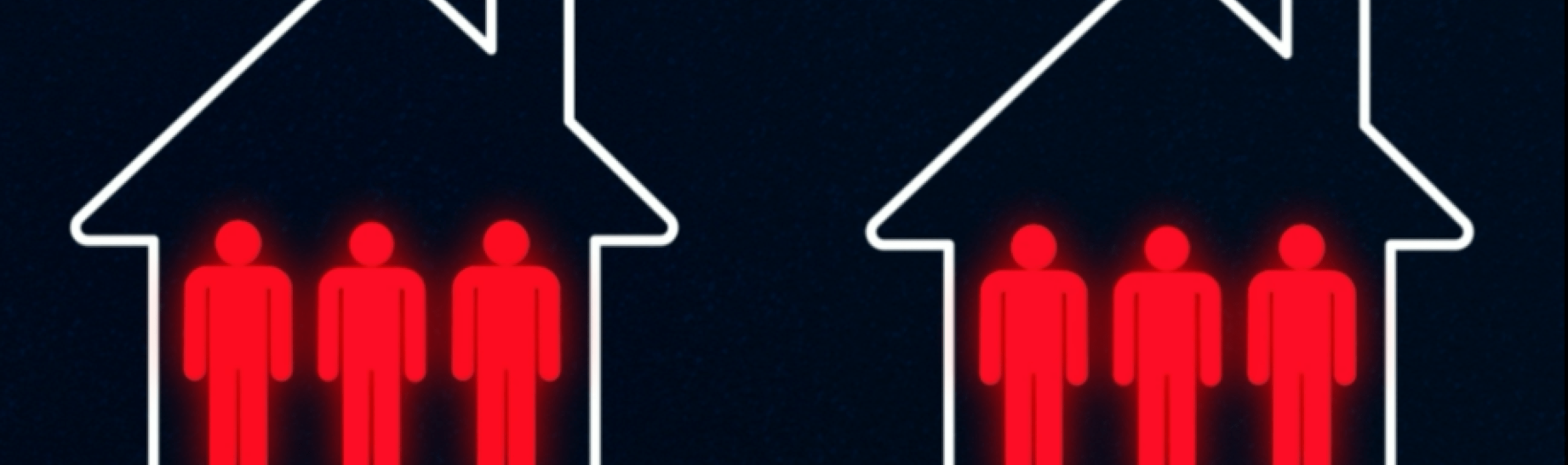 Schematische weergave van drie huizen, waarin per huis drie roodgekleurde personen staan